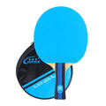 Single table tennis racket with high-elasticity rubber and long shakehand grip next to its matching protective carry bag.