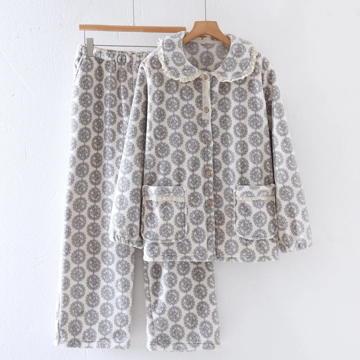 Women's jacquard velvet pyjama set in Rococo Gray, long sleeve top and trousers, size M-3XL, warm loungewear.