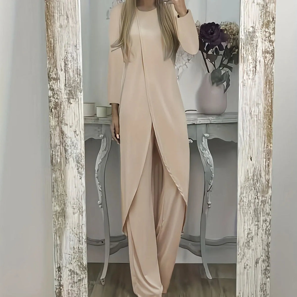 Casual polyester two-piece set with long sleeve top and trousers in khaki