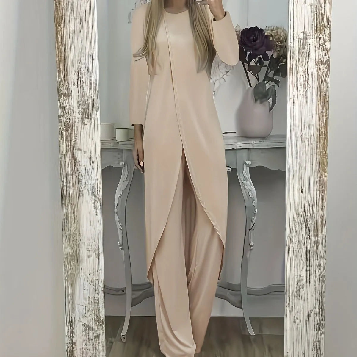 Casual polyester two-piece set with long sleeve top and trousers in khaki