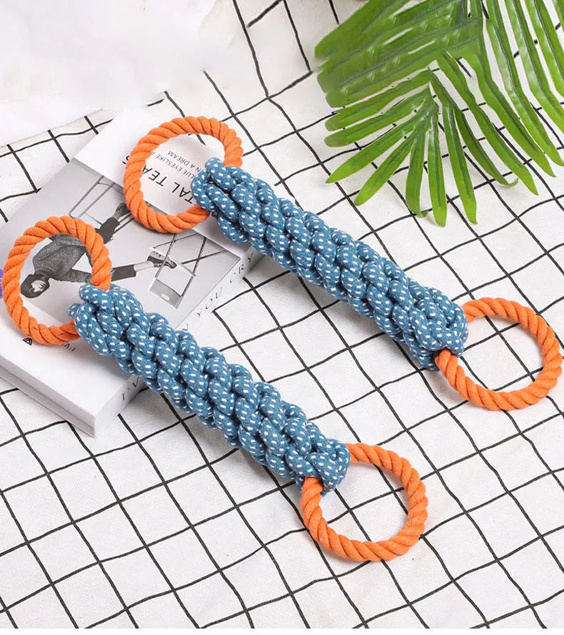 Blue double-ring braided bone dog chew toy made from cotton cord for tooth cleaning