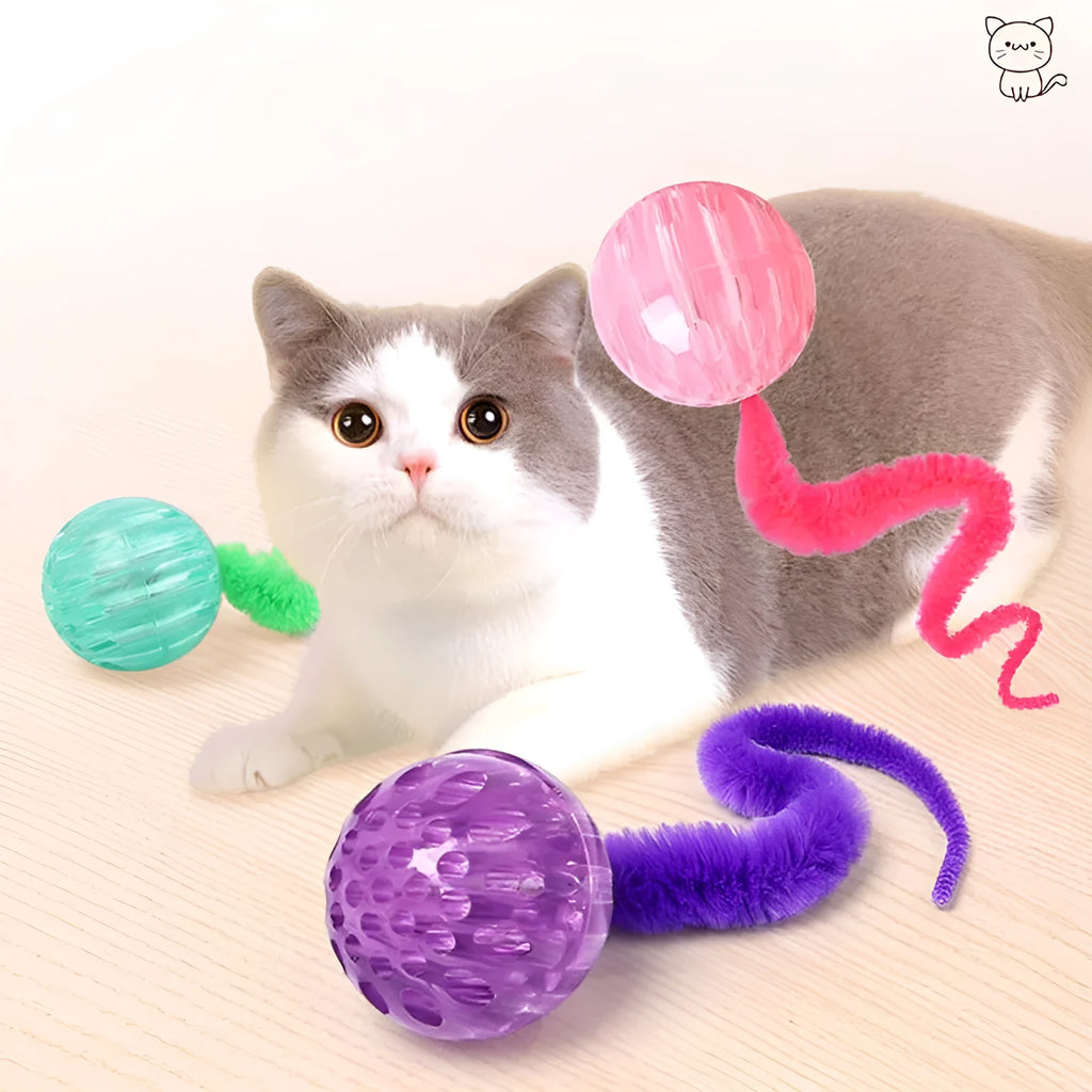 Bouncy TPR ball cat toy with soft plush tail attachment in green colour
