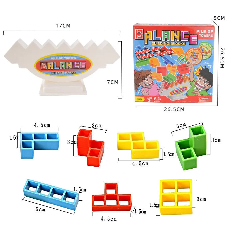 Plastic balance stacking game with 16 coloured blocks on 26.5cm square chassis for family play