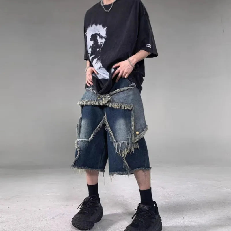 Blue denim shorts with frayed five-pointed star design, loose fit with micro-elastic fabric for summer wear