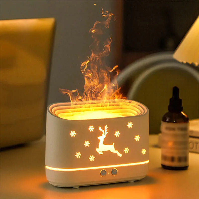 White round humidifier diffuser with glowing flame effect light and USB cable
