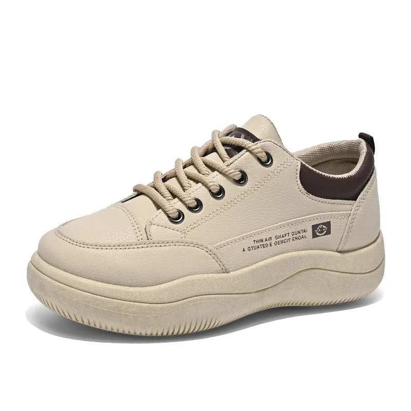 Women's Korean-style leather white shoes with cross straps, 3-5cm heel, and rubber soles