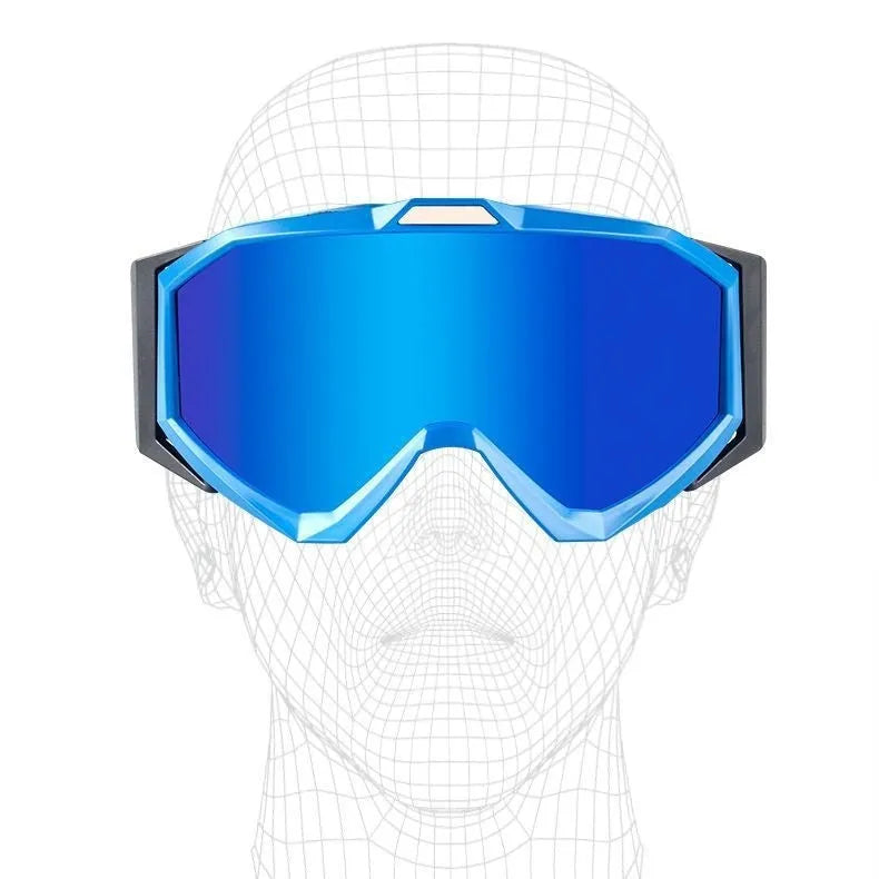 Motorcycle goggles with double-layer construction in black frame with grey lens, showing anti-fog design