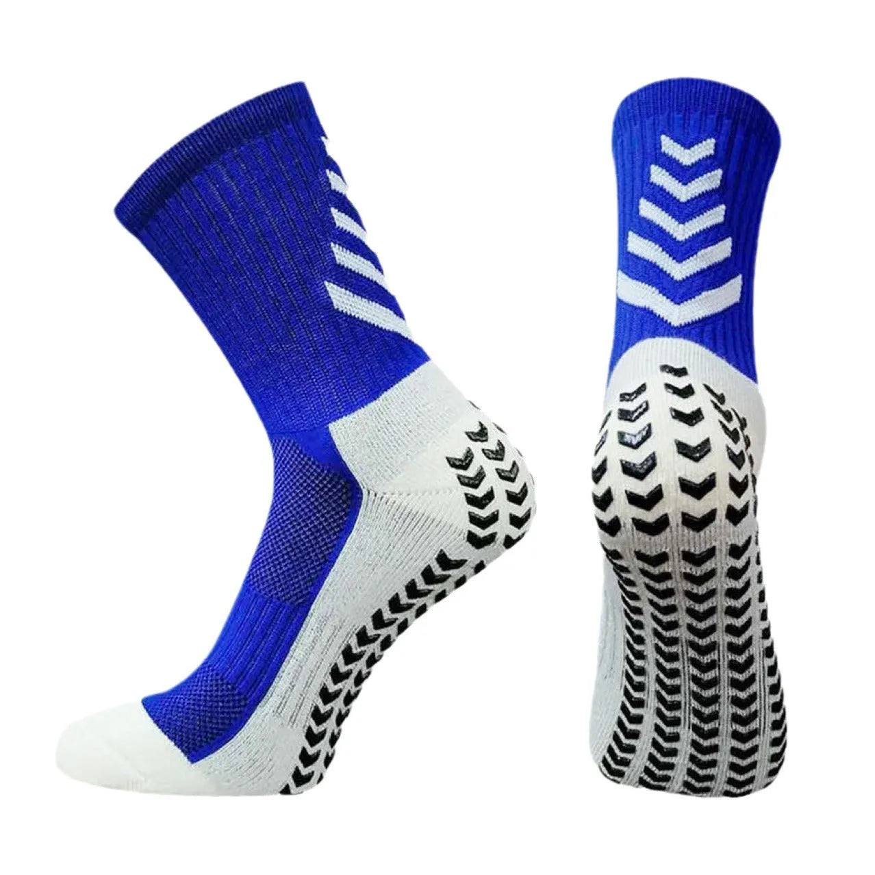 Men's mid-calf athletic socks with geometric patterns and silicone grips for football and running