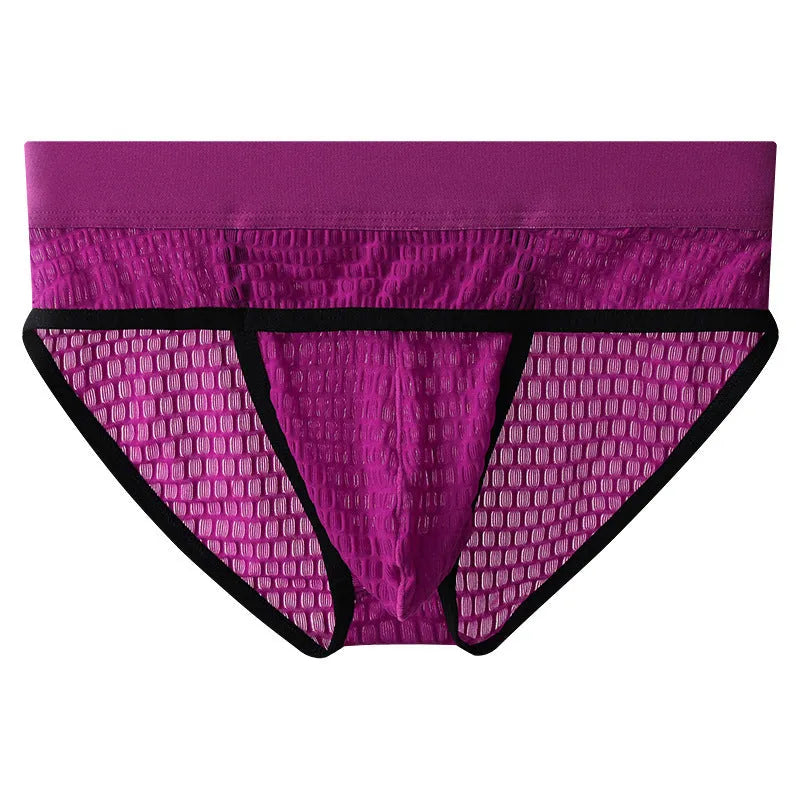 Men's mid-rise lace briefs in light purple showing U pouch design and solid colour.