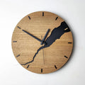 Modern wooden wall clock with cracked finish showing black hands and Arabic numerals on 30cm diameter face