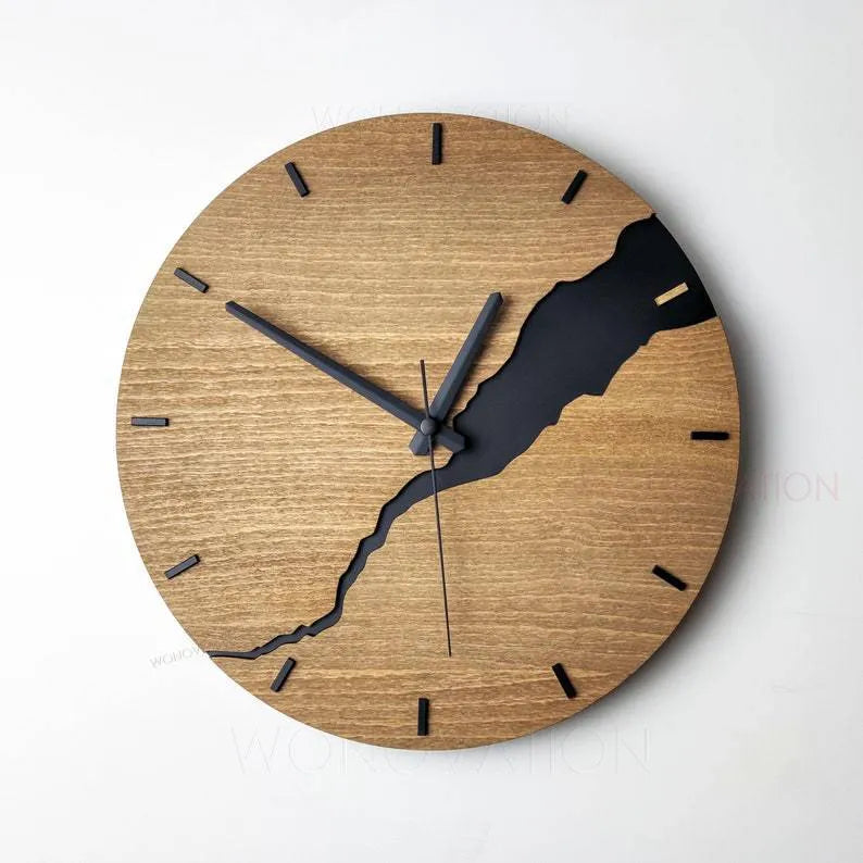 Modern wooden wall clock with cracked finish showing black hands and Arabic numerals on 30cm diameter face
