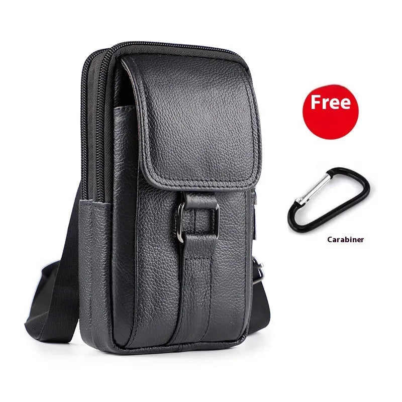 Men's black composite cowhide leather waist bag with lock feature and vertical square shape