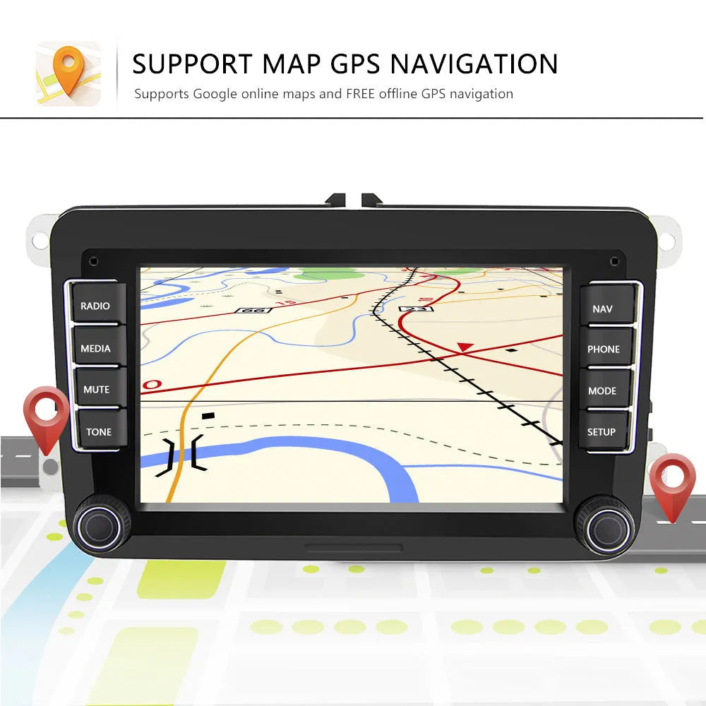 Universal 7-inch Android car player for Volkswagen dashboard with touchscreen display.