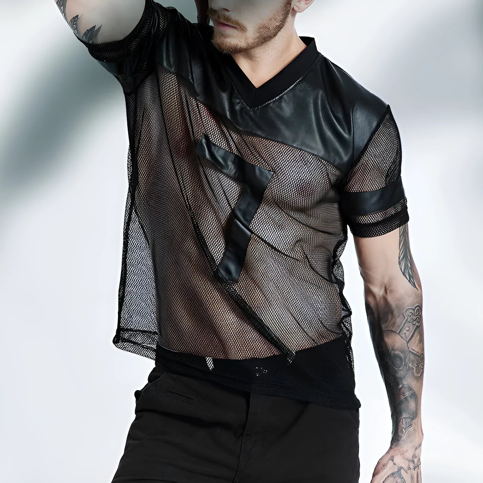 Black men's V-neck mesh sports T-shirt with short sleeves on size chart background