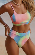 Women's tie-dye pleated split bikini swimwear in gradient colours with high elasticity polyester construction