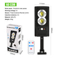 Plastic solar-powered remote control street light with LED panel for wall or garden mounting.