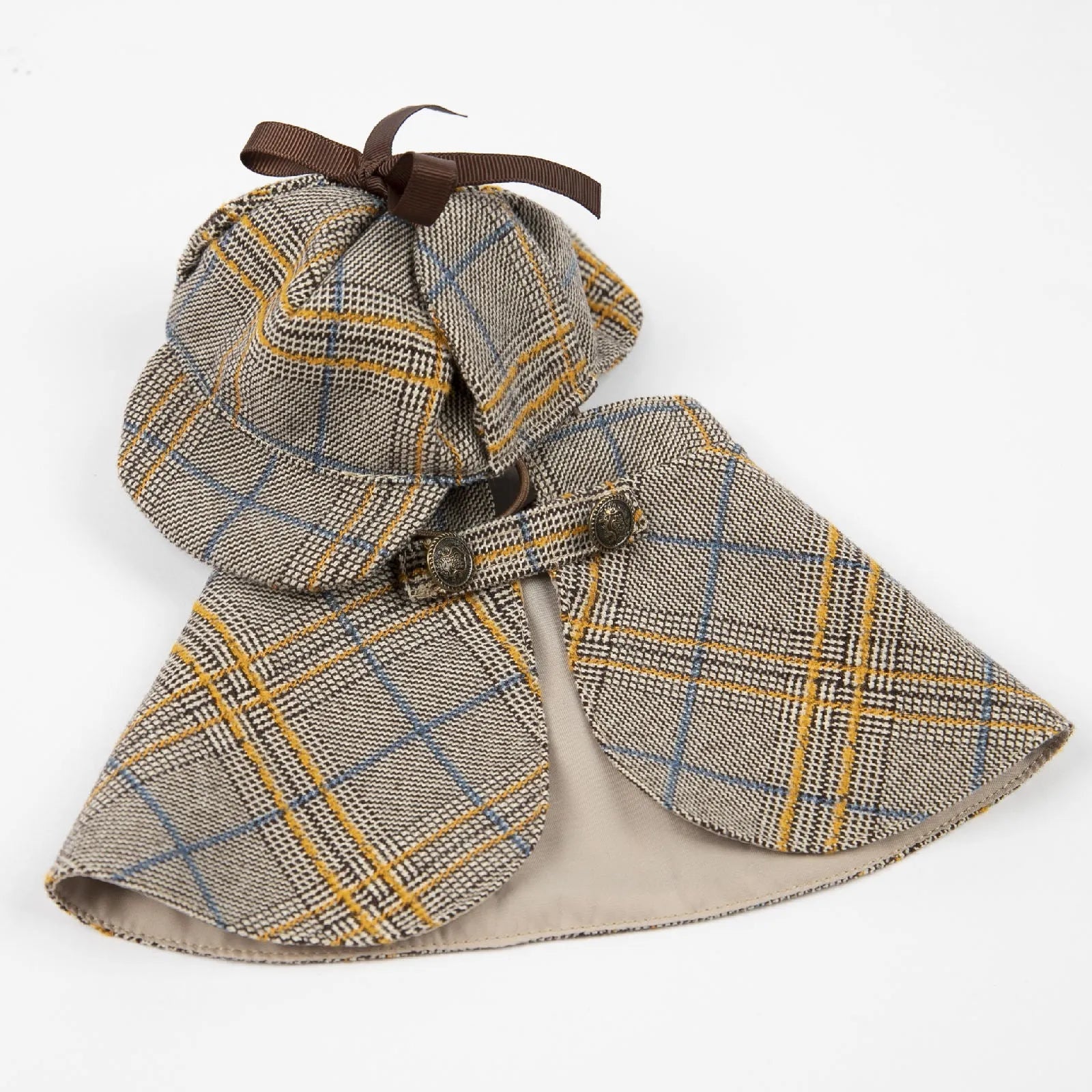 Camel-coloured cotton pet cloak with adjustable hat in detective suit style