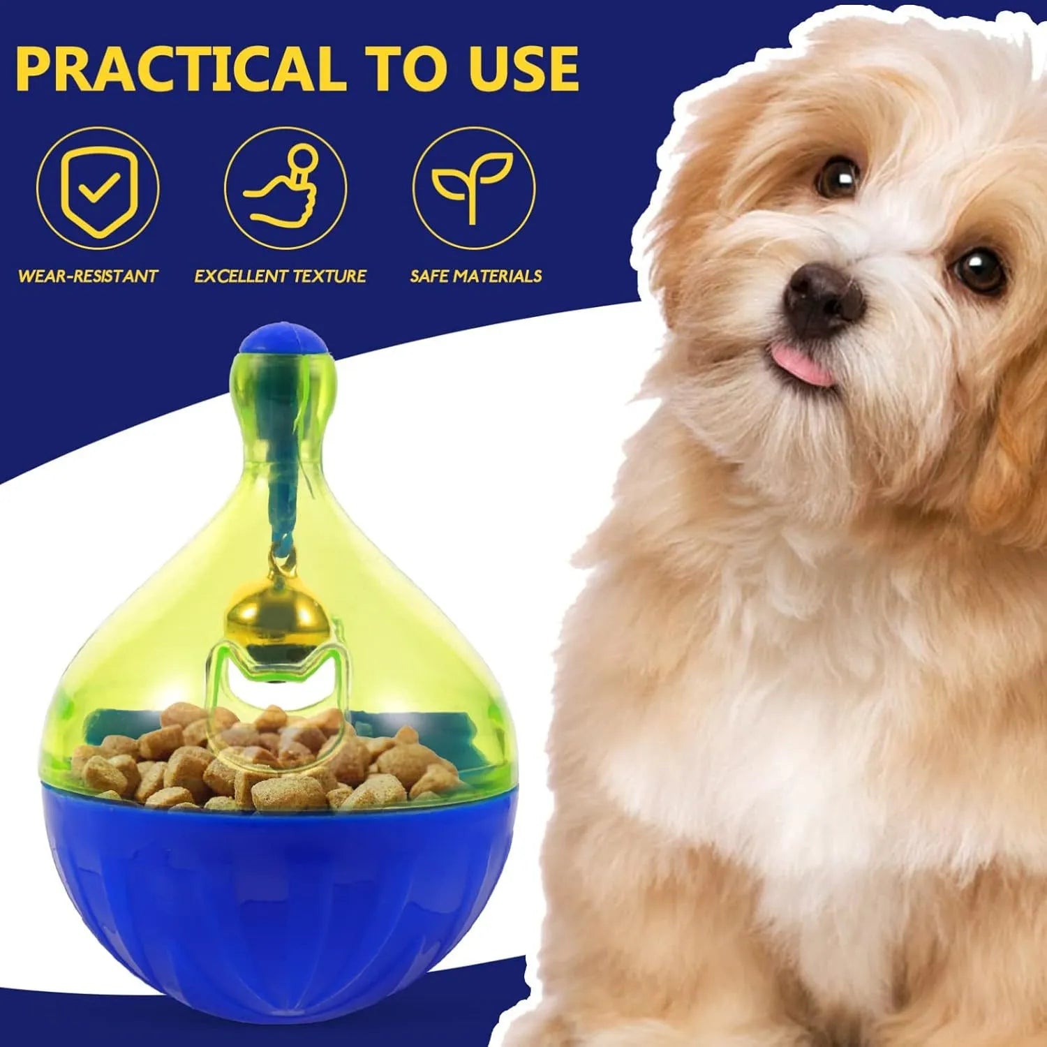 Tumbler-shaped pet treat dispenser with dimensions 14cm height, 10cm width, 10cm depth for slow feeding