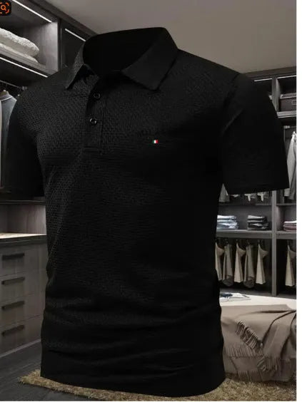 Men's loose-fitting short-sleeved lapel polo shirt in solid colour pinhole cloth fabric