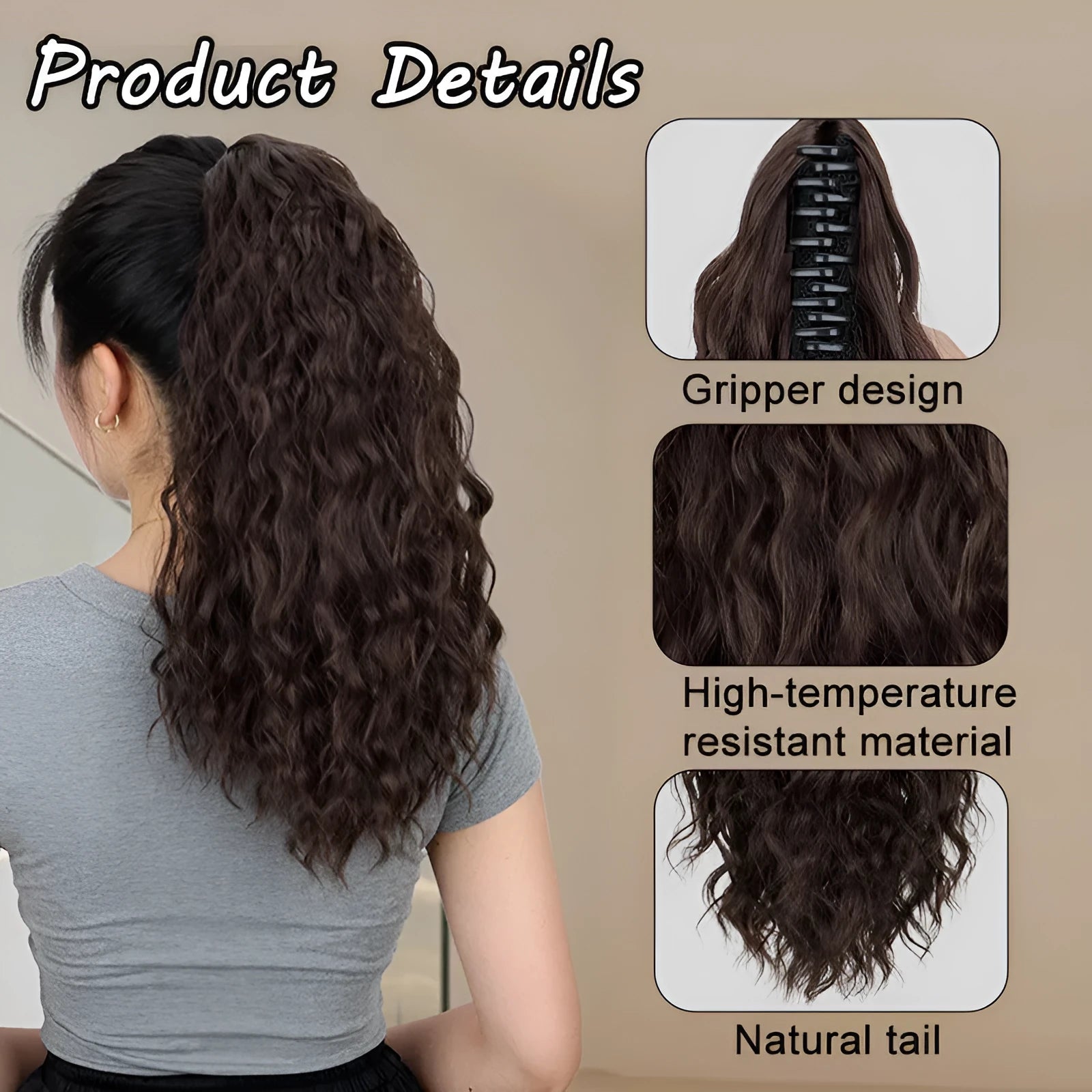 Corn curler wig with water ripple grip ponytail in synthetic high-temperature fibre, shown with hair clip.
