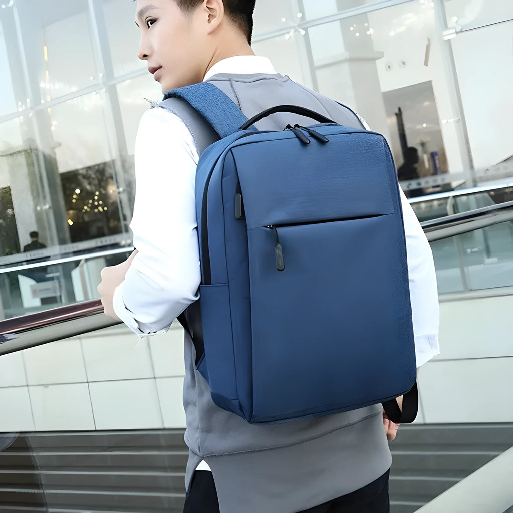 Large black sports backpack with USB charging port and multiple compartments