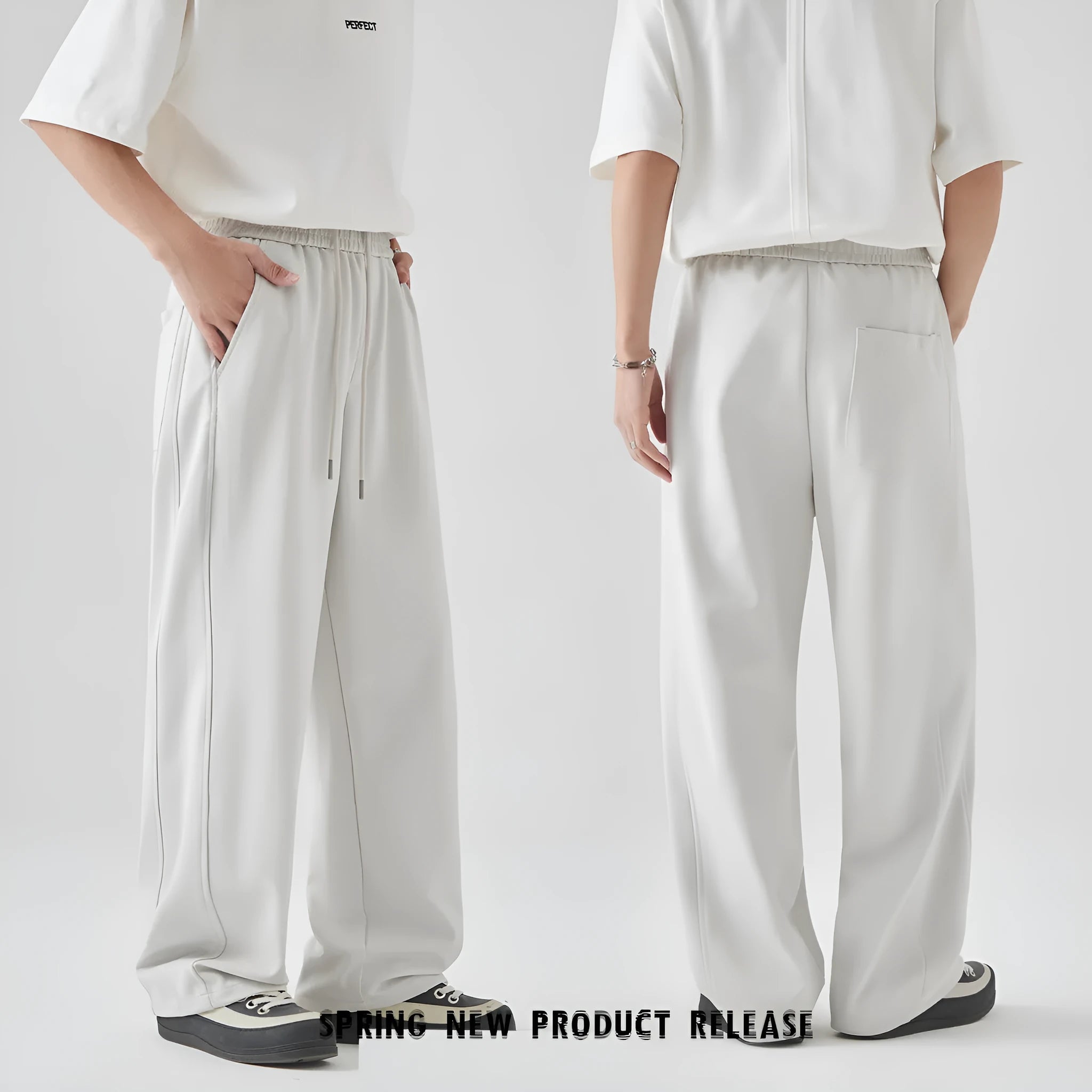 Men's grey cotton blend summer pants with high waist and lace-up closure on straight leg design