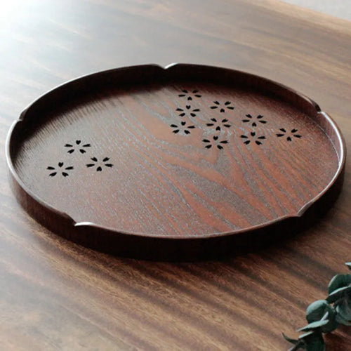 Wooden 30cm diameter plate with hollow cherry blossom design for fruit and dessert serving