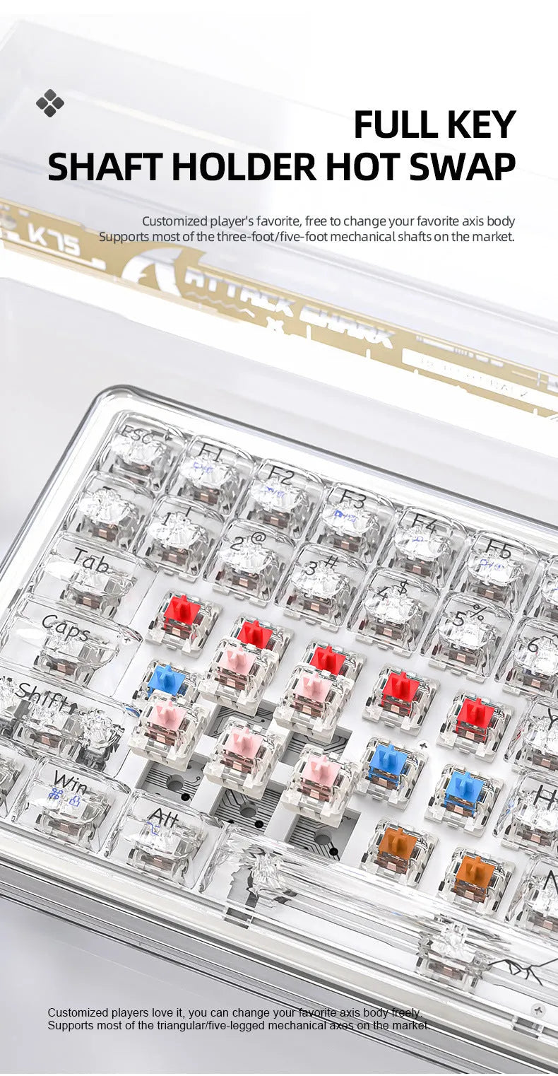 Attack Shark K75RGB wireless mechanical keyboard with transparent RGB lighting in black or white