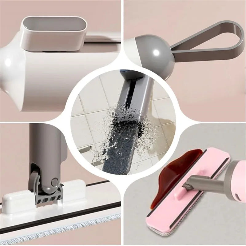 Pink self-squeeze mini mop with microfiber pads and crevice brush for floor cleaning