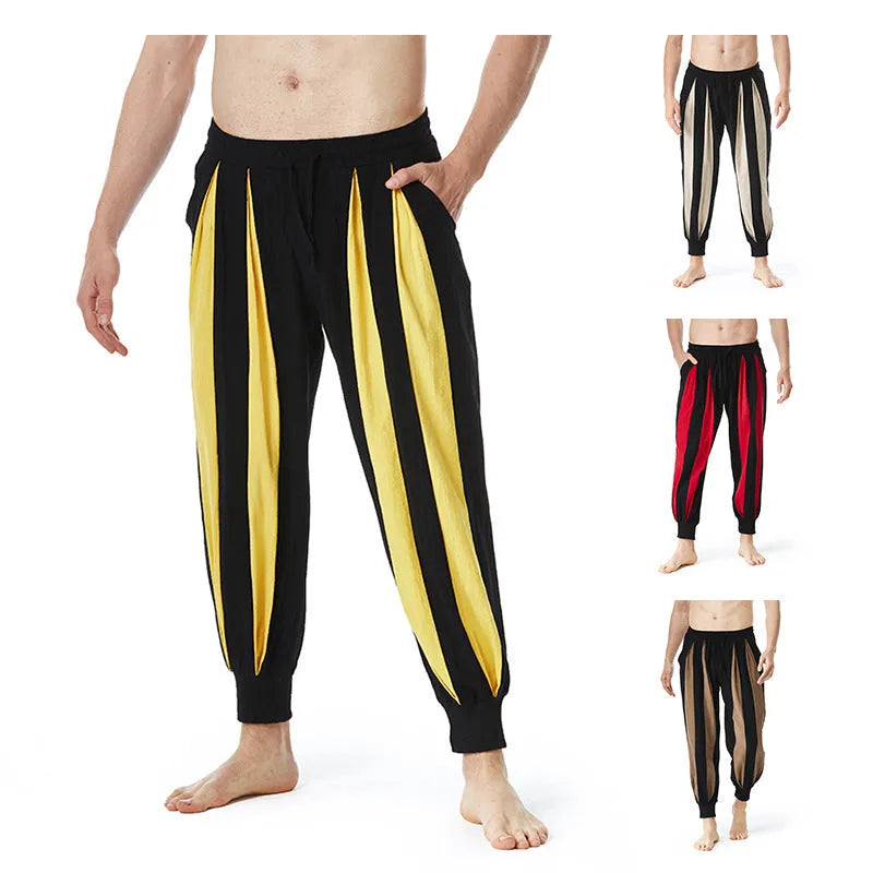 Men's straight-leg casual trousers in red, khaki, yellow, and brown colours