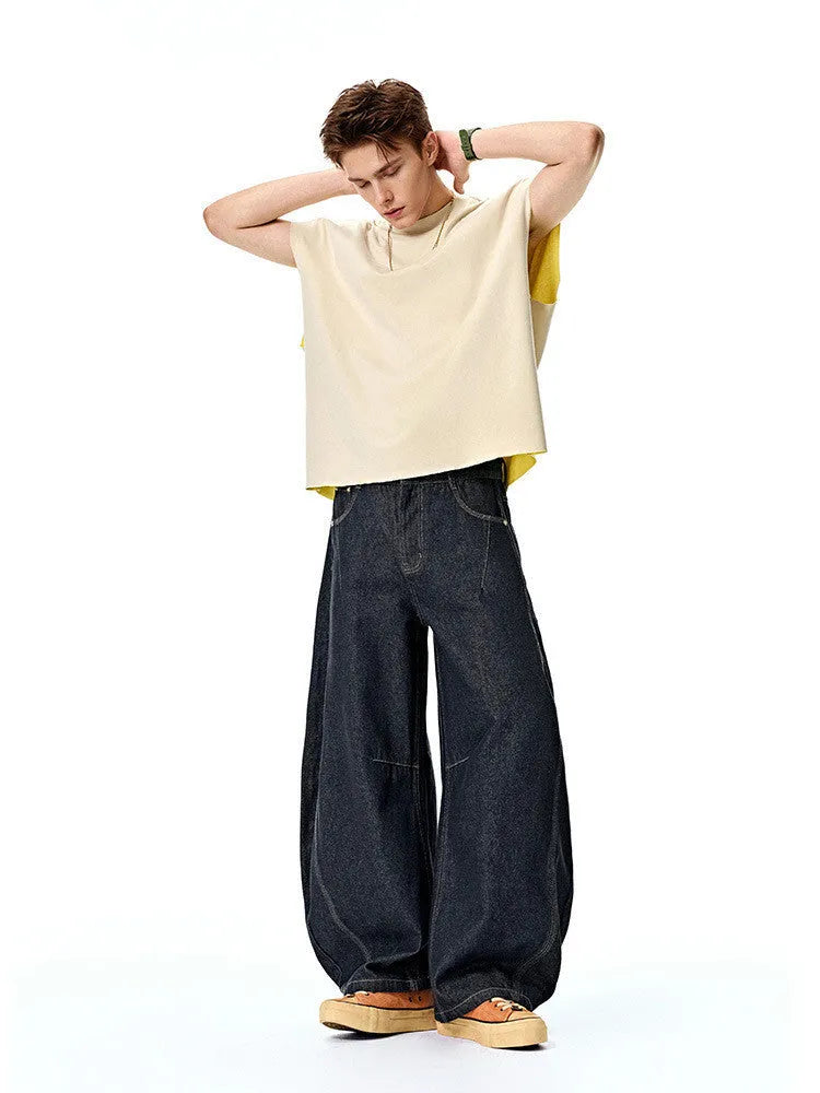 Men's wide-leg denim trousers in original cow colour with mid-waist design and relaxed fit