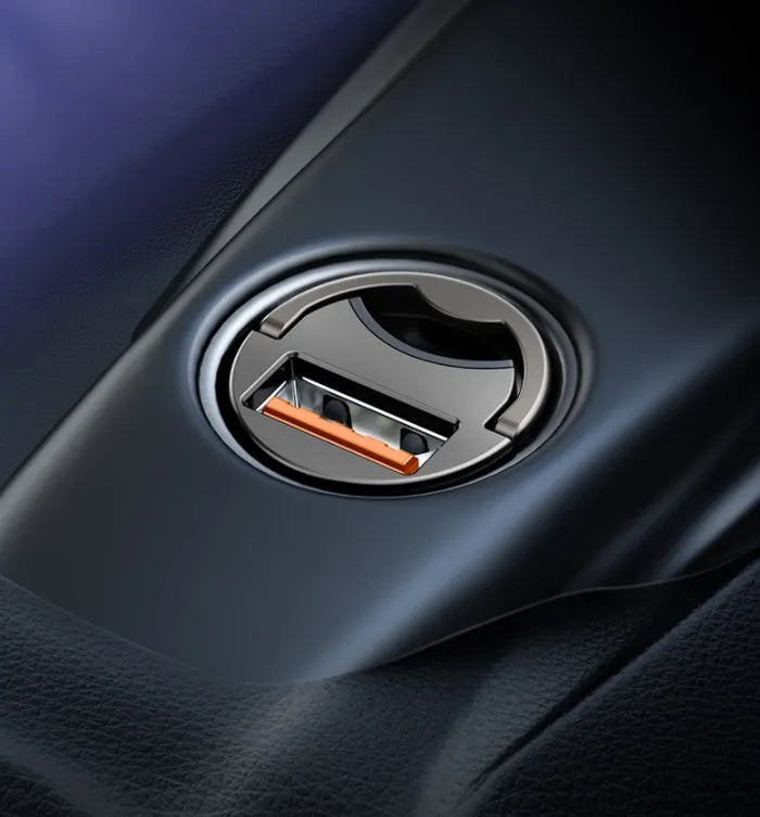 Baseus electro-optical grey 30W PPS fast car charger with 1-metre USB-C cable beside car 12V socket