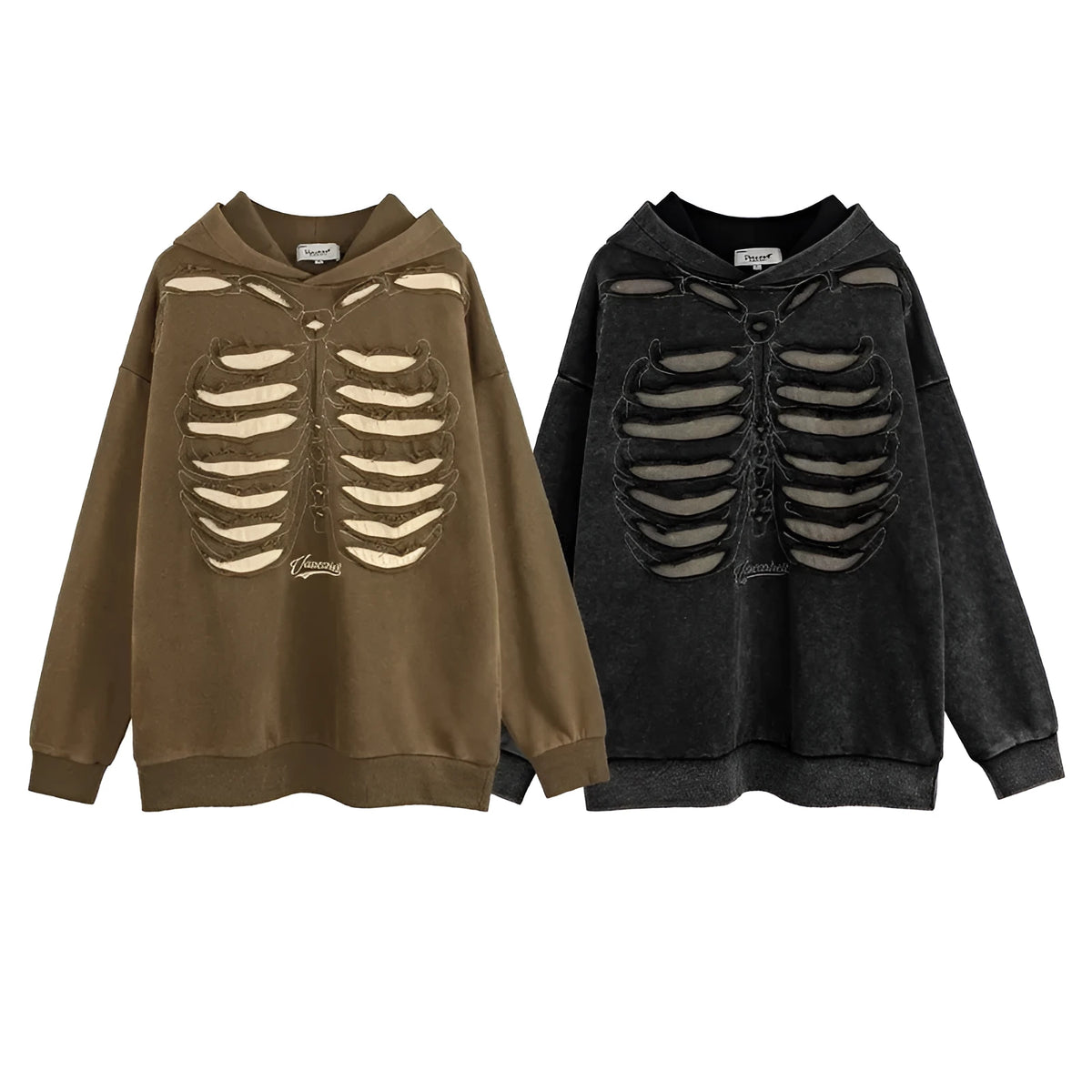 Men's loose fit cotton hoodie with skull pattern in antique brown or retro black, sizes M to 2XL.