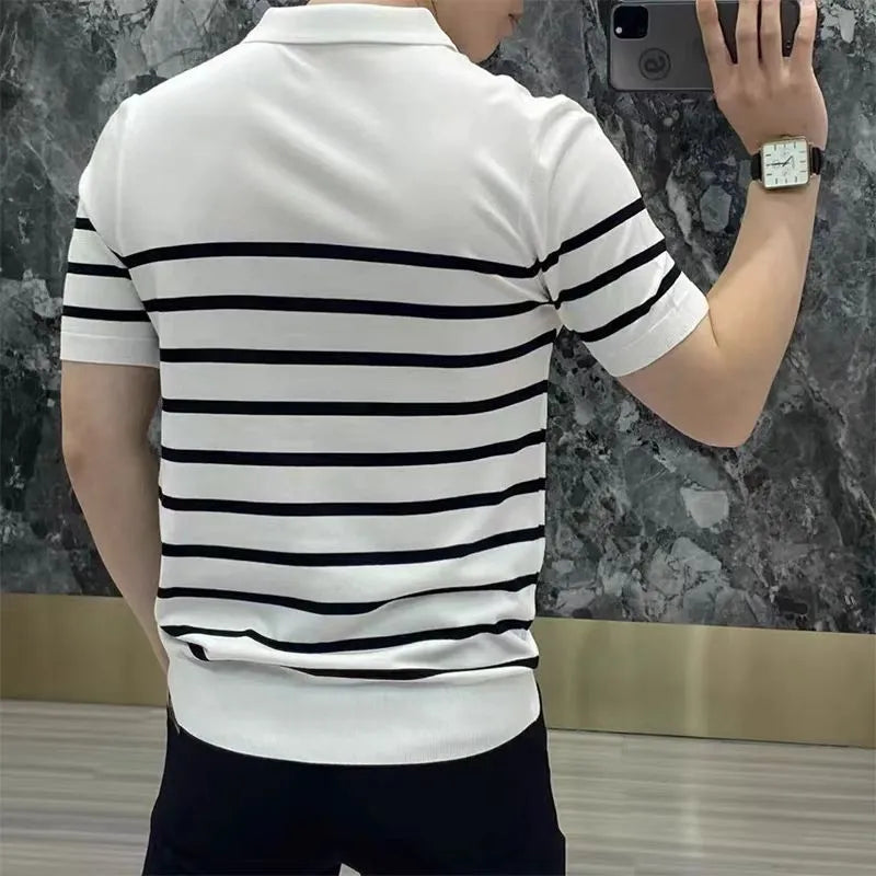 Black and white striped lapel knitted T-shirt with pullover style and non-ironing fabric
