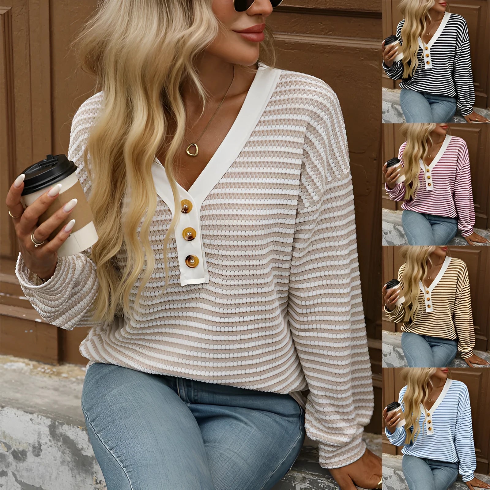 A woman's loose-fitting V-neck pullover top with long sleeves and patchwork detailing.