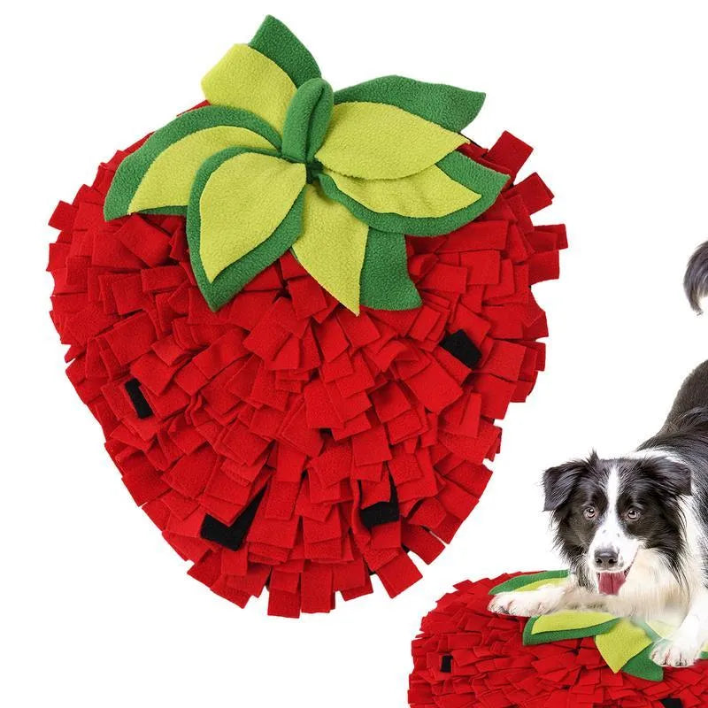 Red and green strawberry-shaped pet slow feeder mat with hiding spots for foraging