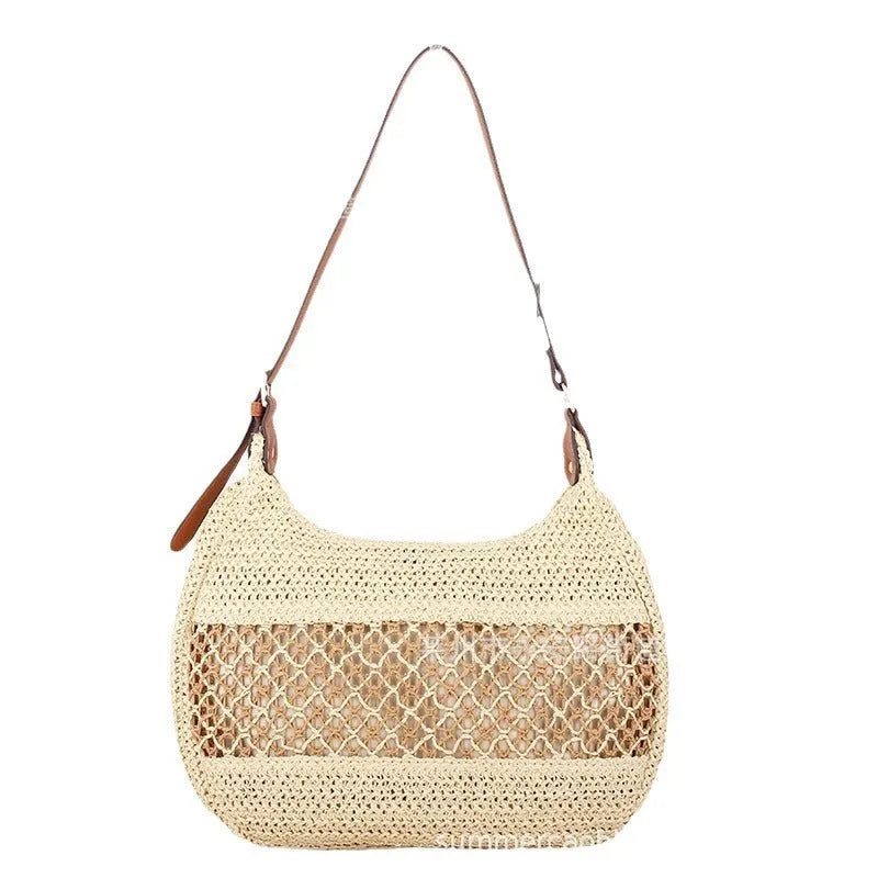 Women's casual straw cross body bag in khaki colour with a sandwich pocket and horizontal square shape.