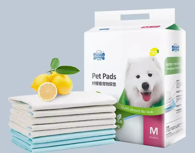 Pack of thickened disposable dog urine training pads showing adhesive backing and size options.