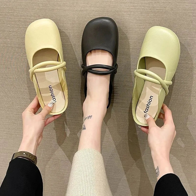 Women's Baotou flip flop sandals in plastic, shown in black, beige and green colour options.