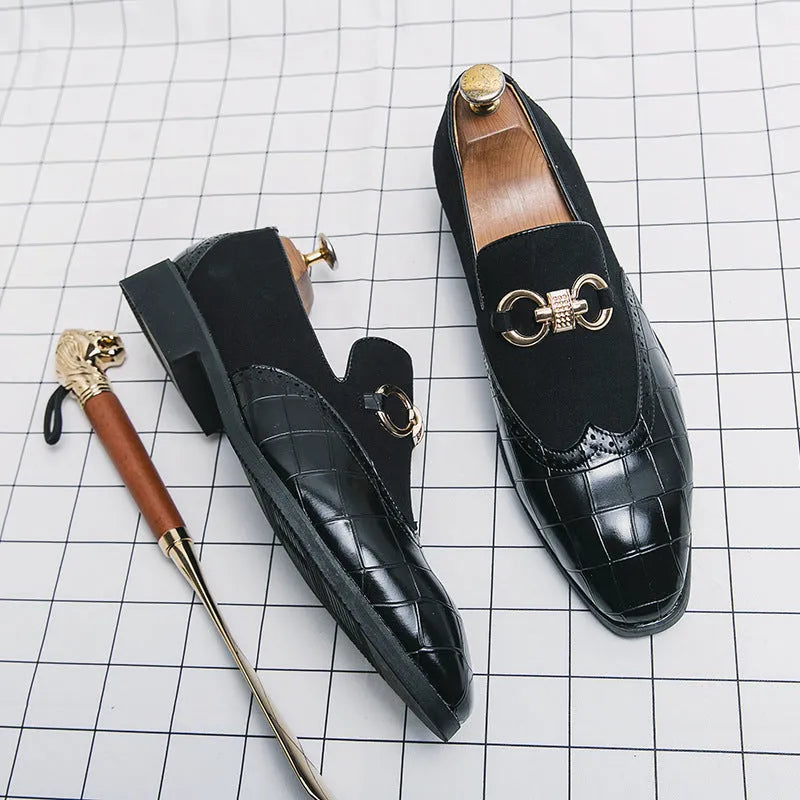 Men's Korean style leather shoes with pointed toe design and sewing line details in black or green