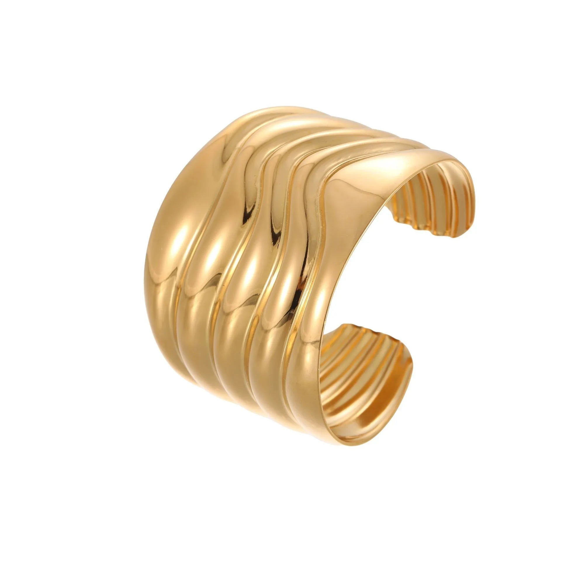 Gold plated wide women's bracelet with asymmetric geometric design and a niche opening.