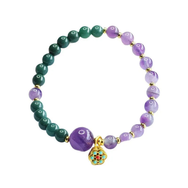 Hand-woven blue water jade and amethyst beaded bracelet, 6-10mm beads, Emerald Crystal style