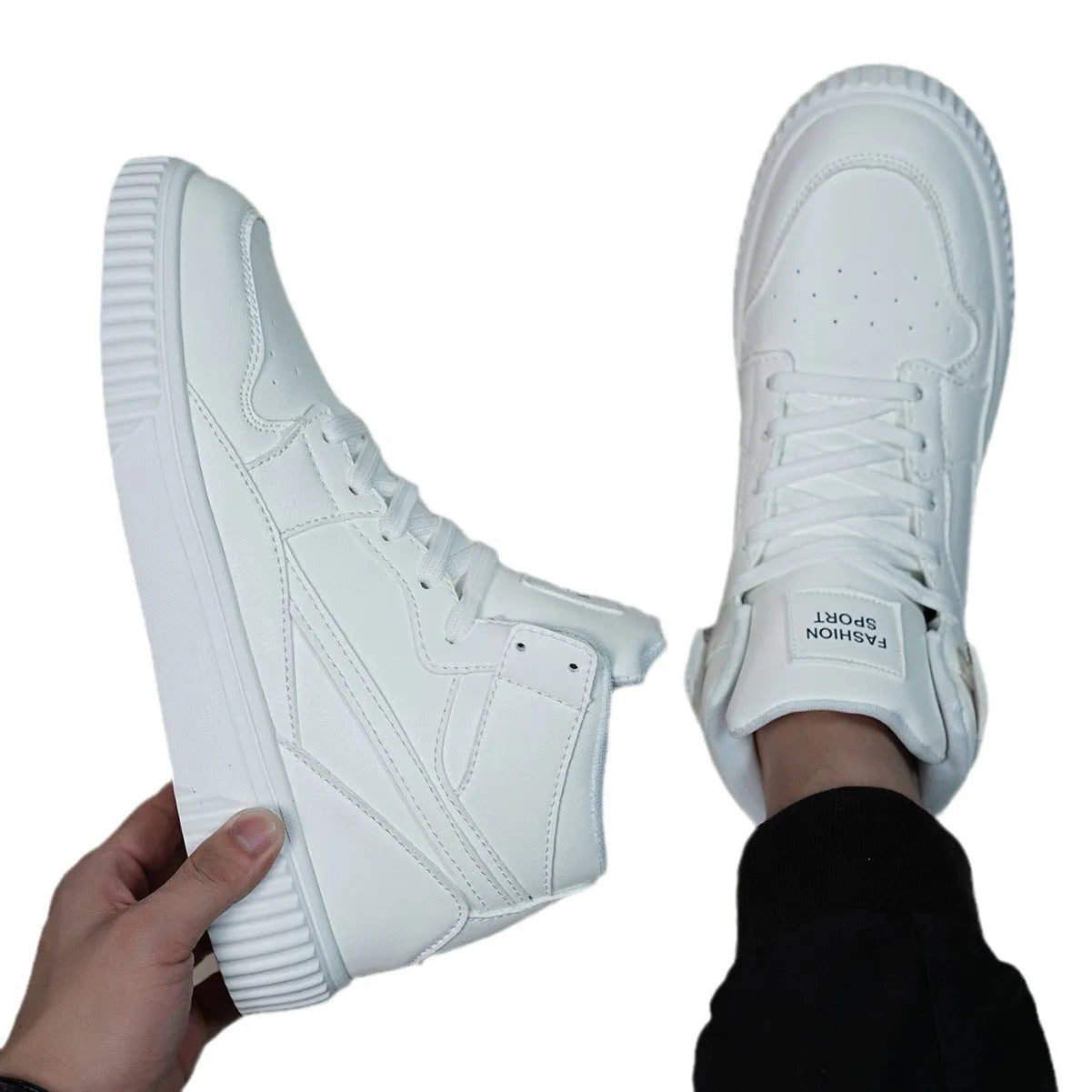 White men's casual shoes with round toe design and microfiber upper, shown from side view