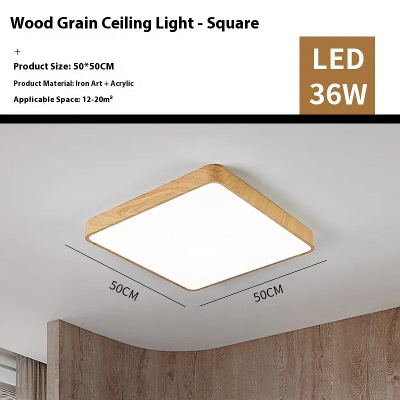 Square modern bedroom light with wood grain finish and iron frame, shown in three available sizes.