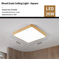 Square modern bedroom light with wood grain finish and iron frame, shown in three available sizes.