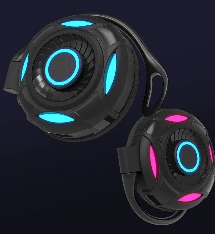 Black and white Bluetooth wireless earphones with hanging ear design showing USB connection option
