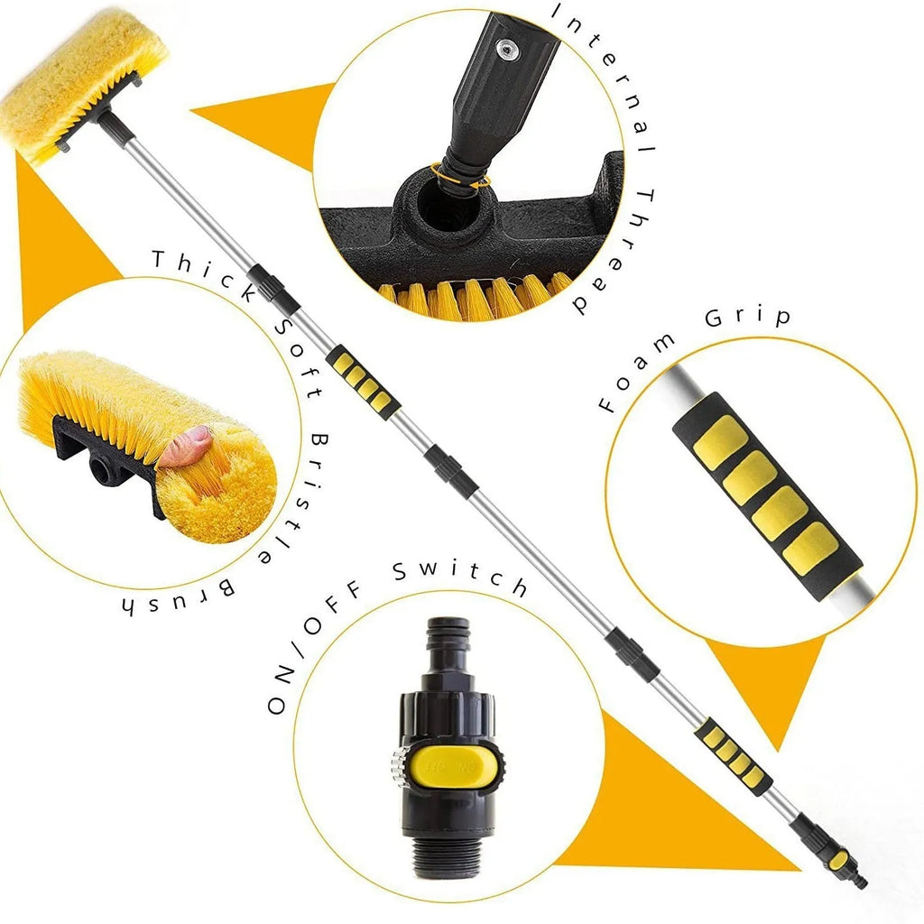 Yellow car wash brush with four-section removable rod and flow-through brush head for portable vehicle cleaning