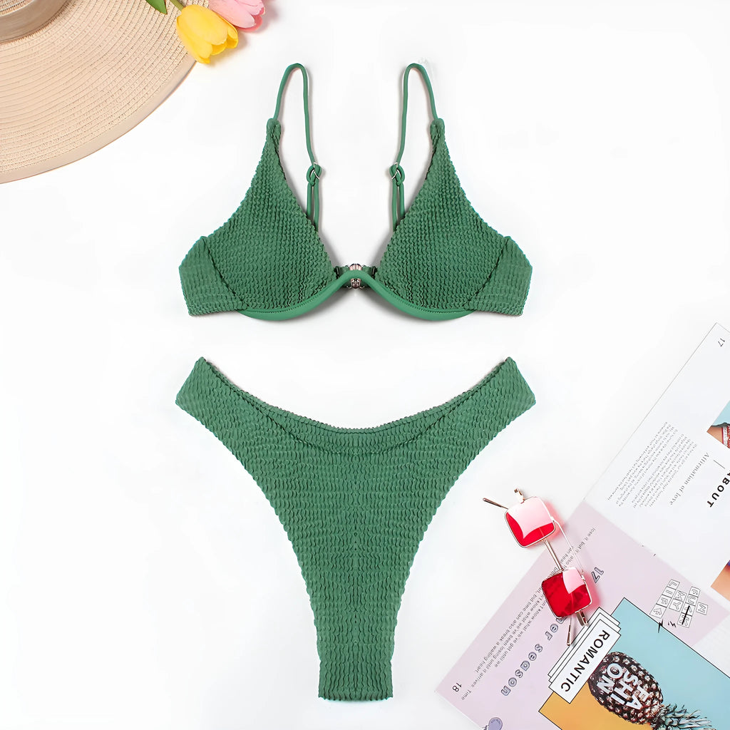 Green solid colour women's bikini with ruffle detail on top and briefs bottoms