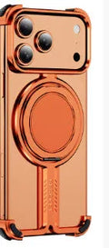 Titanium alloy bracket phone case for iPhone 17 series, frameless anti-fall design, TPU PC, in black.