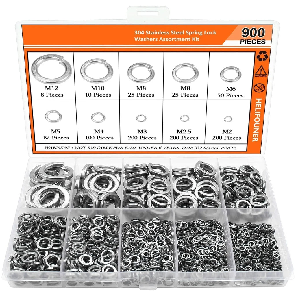 304 stainless steel spring lock washer combination box with 900 pieces covering 2-12mm diameters